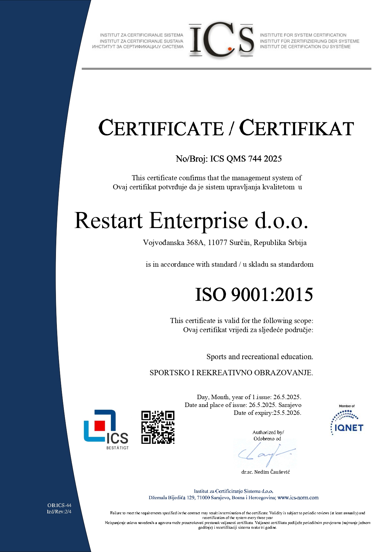 ISO SERTIFIKACIJA ELITE ACADEMY BALKANS